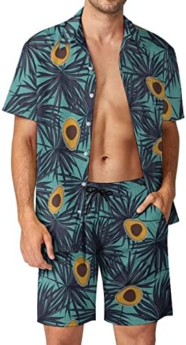Avokado ve Yapraklar erkek 2 Parça Plaj Kıyafetleri Hawaiian Düğme Aşağı Kısa Kollu Gömlek ve Şort Takım Elbise