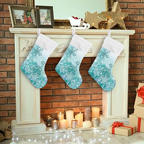 ALAZA Noel Çorap Gümüş Kış Teal Turkuaz Kar Taneleri Noel Klasik Kişiselleştirilmiş Büyük Çorap Süslemeleri için Aile