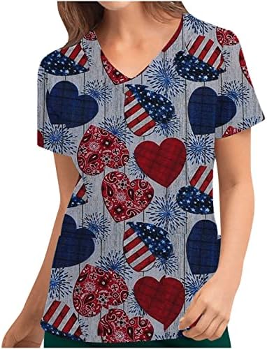 Kısa Kollu V Boyun Çalışma Ofisi Fırçalama Üniforma Üst Tshirt Bayanlar Bağımsızlık Günü Yıldız Kalp Grafik Bluz 6M