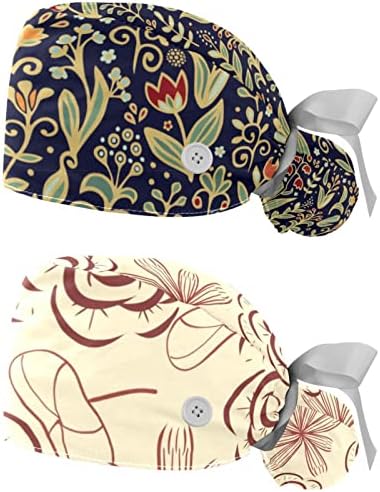 Çiçek Çalışma Kap Düğmesi ve Ter Bandı, Ayarlanabilir Esnek Bant Kravat Geri Fırçalama Şapka, 2 Paket Kabarık Hemşire