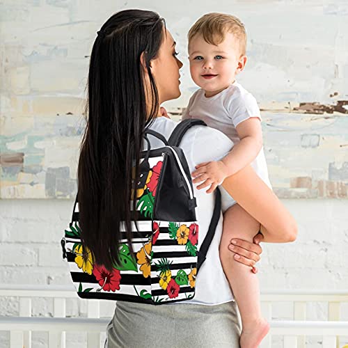 Büyük Bebek bezi çantası Sırt Çantası, Tropikal Çiçek Yaprak Siyah Beyaz Şerit Bez Torba Seyahat Sırt Çantası Anne
