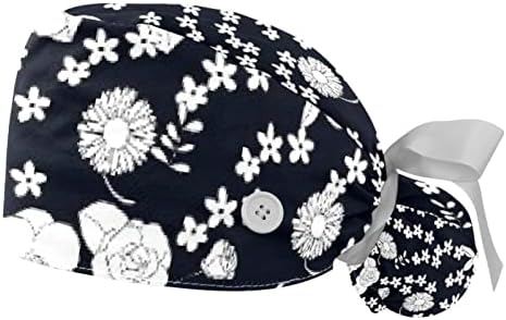 Çalışma Şapka Düğmeleri ve Kurdele Bağları Kadınlar için 2 Paket Düz Çiçek Doku Ayarlanabilir Unisex Cerrahi Kapaklar