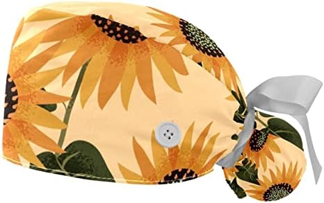 2 Parça Vintage Ayçiçeği Çiçek Desen Ayarlanabilir Çalışma Kap Düğmesi ile, Şapka İçi Bantı ile Hemşirelik Kap
