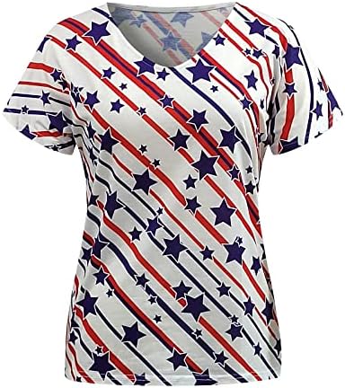 4th Temmuz Gömlek Kadın ABD Bayrağı Yaz Kısa Kollu V Yaka T-Shirt Çizgili Kravat Boya Gevşek Fit Rahat Tatil Tees