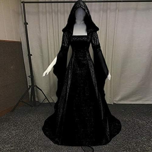 BADHUB Kadınlar Gotik Kapüşonlu Pelerin uzun elbise Korse Cadılar Bayramı Cadı Cosplay Kostüm Katı Yarasa Kollu Kat