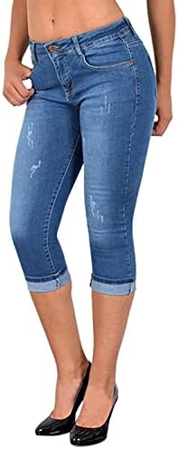 Kadınlar için yüksek Belli Kot Sıkı Flanş Kalem Buzağı Uzunlukta Katı Düğme Capri Yırtık Kot Pantolon Pantolon