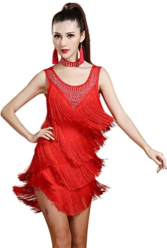 ZX kadın V Geri Rhinestone Deco Saçak Dans Parti Elbise Latin Balo Salonu Elbise