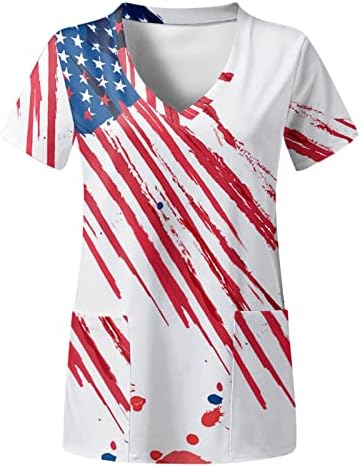 MIASHUI Kollu T Bayan Bağımsızlık Günü V Boyun Kısa Kollu Cepler Baskılı T Shirt Bayan Uzun Kollu Tee Gömlek Pamuk