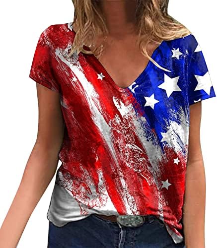 4th Temmuz Gömlek Kadınlar için Rahat Yaz Amerikan Bayrağı T-Shirt Kısa Kollu V Yaka Yıldız Çizgili Vatansever Bluzlar