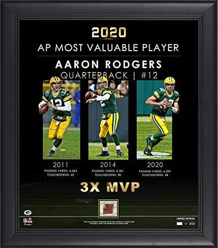 Aaron Rodgers Green Bay Packers, 15 x 17 3 Kez MVP Kolajını bir Parça Oyun Kullanılmış Futbolla Çerçeveledi-Sınırlı