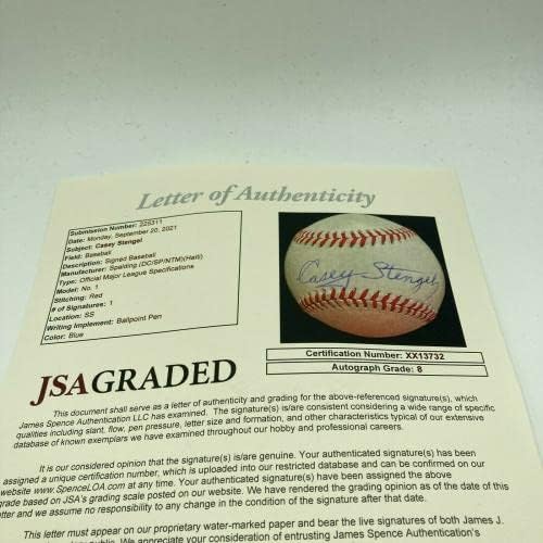 Güzel Casey Stengel Tek İmzalı Beyzbol JSA, Mint 8 İmzalı Beyzbol Toplarının Yakınında Derecelendirildi