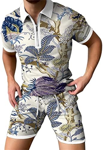 Erkek 3D Baskılı Grafik Tee ve Şort Yaz Erkek Kısa Kollu Fermuar yakalı tişört Eşofman 2 Parça Rahat Kıyafet