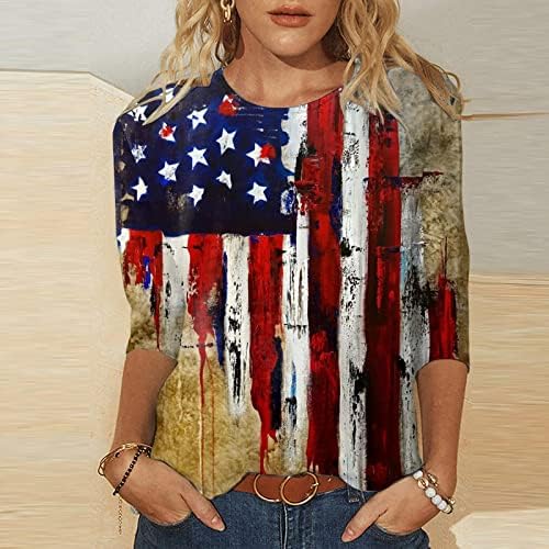 DOPOCQ Gömlek Kadınlar için Klasik 3/4 Kollu T Shirt Artı Boyutu Pub Yaz Amerikan Bayrağı Rahat Kepçe Dantelli Tişörtleri