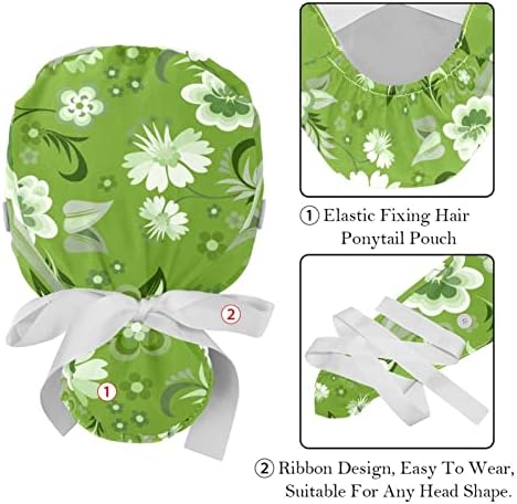 2 Paket Cerrahi Kap Ter Bandı, Nefes Kabarık Şapkalar Uzun Saç, Ayarlanabilir Hemşire Fırçalama Kapaklar Yeşil Çiçek