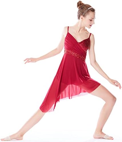 ELLYDOOR Kadın Lirik Modern Bale Elbise Kaşkorse Etekli Leotard Asimetrik Tül dans kostümü