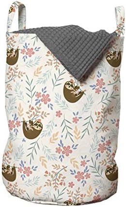 Lunarable Tembel Çamaşır Torbası, Pastel Çiçek Dallarında Asılı Tembel Hayvanlar Tekrarlayan Sanat Baskısı, Kulplu