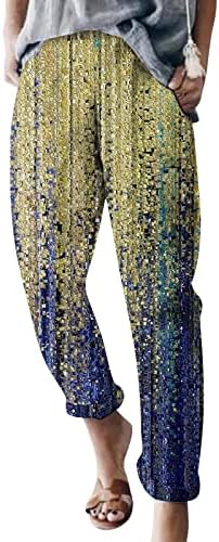 Rahat Keten Pantolon Kadınlar için Vintage Çiçek Baskı Tatil Plaj Pantolon Elastik Belli Pamuk Keten Yoga Pantolon