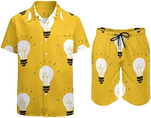 Sarı Ampul erkek 2 Parça Plaj Kıyafetleri Hawaii Düğme Aşağı Kısa Kollu Gömlek ve Şort Takım Elbise
