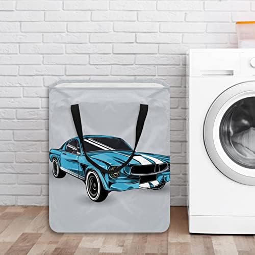 Retro Mavi Araba Baskı Katlanabilir çamaşır sepeti, 60L Su Geçirmez çamaşır sepetleri Çamaşır Kutusu Giysi Oyuncak
