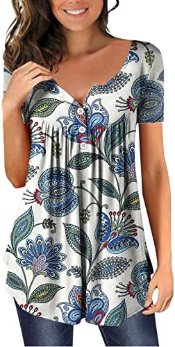 Kadın Tee Gömlek Bayan Kısa Kollu Düğme Boyun Çiçek Baskılı Pilili T Shirt Üst Basit Uzun Kollu Gömlek