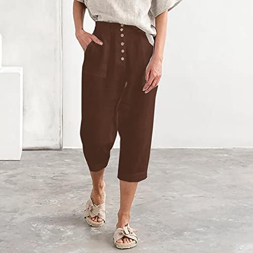 Yüksek Bel Göğüslü kapri pantolonlar Bayan Yaz Pamuk Keten Elastik Moda Palazzo Pantolon Rahat Gevşek Fit Cepler ile