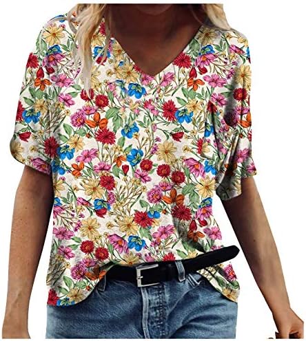 Kadınlar için yaz Üstleri, bayan Rahat Doğal Baskı V Boyun T-Shirt Gevşek Kısa Kollu Bluz Üstleri Artı Boyutu Tunik