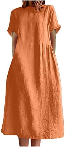 Pamuk Keten Elbise Kadınlar için Yaz Rahat Düz Renk Yuvarlak Boyun Kısa Kollu Maxi Elbise 2023 Moda