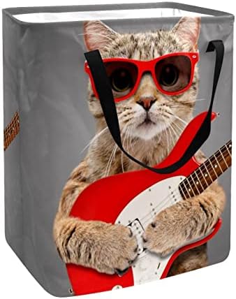 Kırmızı Güneş Gözlüğü Kedi Gitar Çalmak Baskı Katlanabilir Çamaşır Sepeti, 60L Su Geçirmez çamaşır sepetleri Çamaşır
