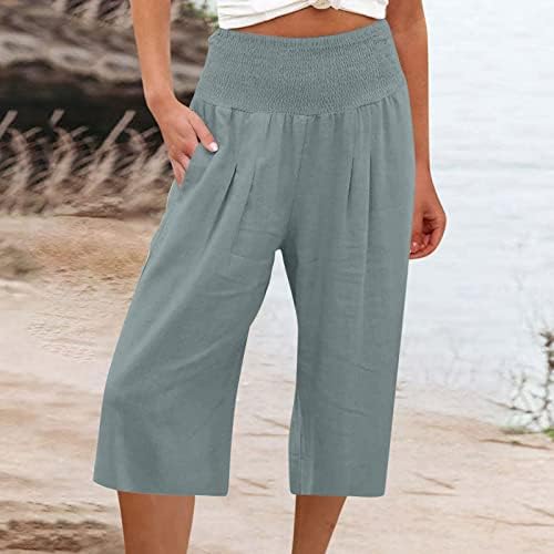 HJuyYuah kapri pantolonlar Kadınlar ıçin Artı Boyutu Pamuk Keten Geniş Bacak Kapriler Elastik Yüksek Bel Cep Baggy