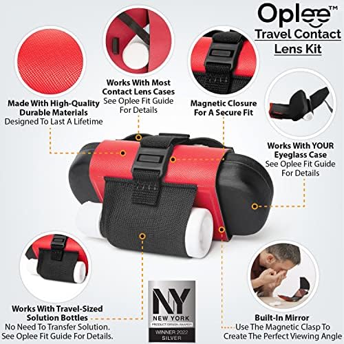 Oplee ™ Seyahat Kontakt Lens Çantası (Kırmızı), Dahili Aynalı Taşınabilir Tasarım (Gri Mikrofiber Bezli Siyah Sert
