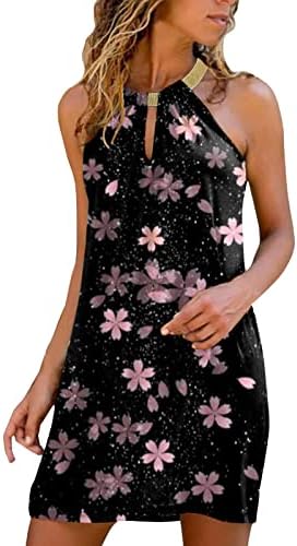 Rahat Yaz Tankı Elbise Kadınlar için Kolsuz Anahtar Deliği O-boyun Plaj Sundress Baskı Akıcı Moda Gevşek Fit Mini