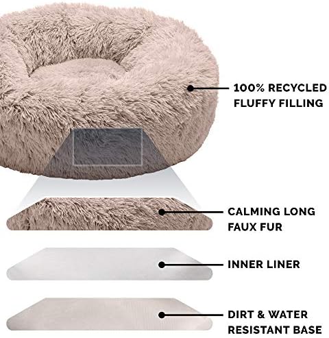 Furhaven 30 Yuvarlak Orta Çörek köpek yatağı Peluş Uzun Taklit Kürk Sakinleştirici Kucaklayıcı w / Çıkarılabilir Yıkanabilir
