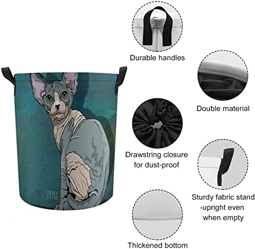Sphynx Kedi Yuvarlak çamaşır torbası Su Geçirmez Saklama Sepeti İpli Kapaklı ve Saplı