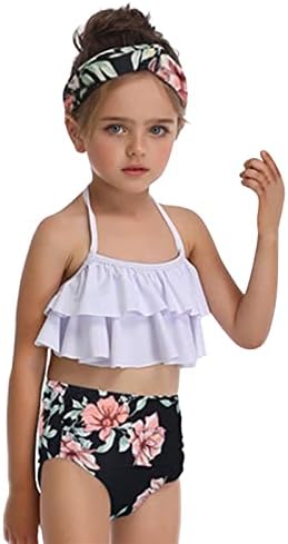 Bebek Kız mayo Küçük Kız Ruffles Çiçek İki Adet Baskı Mayo Mayo bikini seti Toddler Bebek Mayo (Beyaz, 5-6 Yıl)