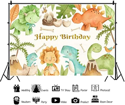 DORCEV 5x3ft Karikatür Dinozor Tema Mutlu Doğum Günü Zemin Vahşi Orman Sevimli Antik Hayvan Tropikal Palmiye Yaprakları