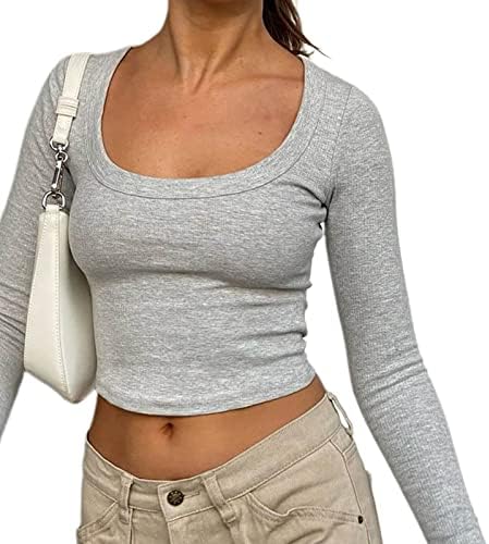 Kadın Kare Boyun Örme Mahsul Gömlek Uzun Kollu Düşük Kesim Temel Katı Tee Seksi Kesme Bluz Üst Streetwear