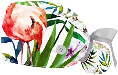 2 Parça Tropikal Beyaz Yaprak Flamingo Düğme Fırçalama Kap Çalışma Şapka Bir Boyut Çok Renkli