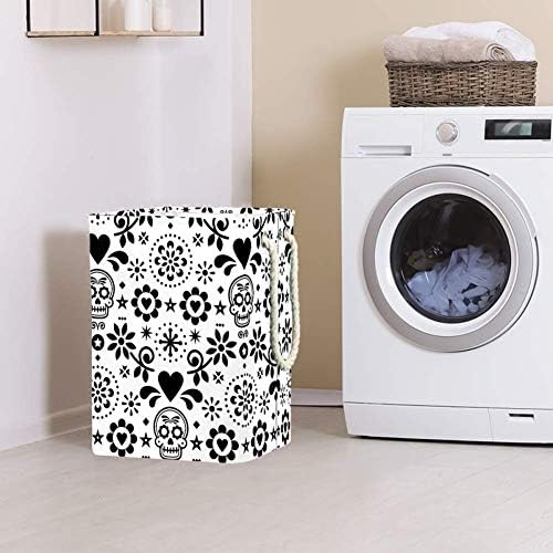 Inhomer Siyah ve Beyaz Calavera ve Çiçekler 300D Oxford PVC Su Geçirmez Giysi Engel Büyük çamaşır sepeti Battaniye