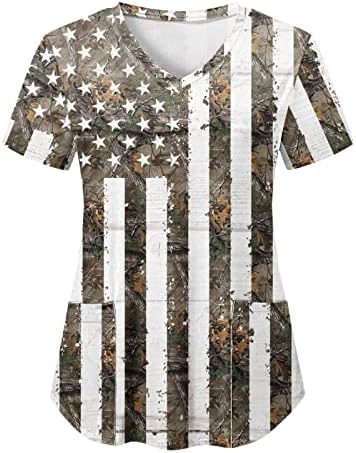 4th Temmuz Gömlek Kadınlar için Amerikan Bayrağı Yaz Kısa Kollu V Yaka Tshirt 2 Cepler Bluzlar Tatil Rahat İş Giysisi