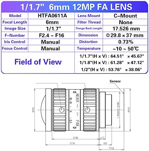 12MP 6mm / 1 / 1 7 Sabit odak lensi f / 2.4 C Montaj Makinesi Görüş Yüksek Çözünürlüklü Endüstriyel Kamera Manuel