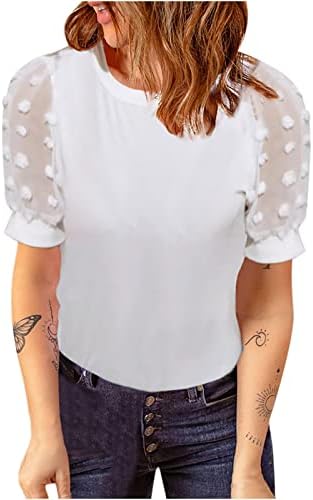 Puf Kollu Gömlek Kadınlar için İsviçre Nokta Örgü Kısa Kollu Üstleri Yaz Crewneck Bluz Şık Rahat Gevşek Fit T Shirt